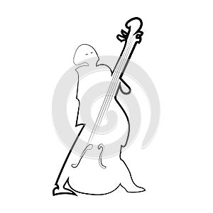 Jazz bass player contour silhouette in black on a white background.